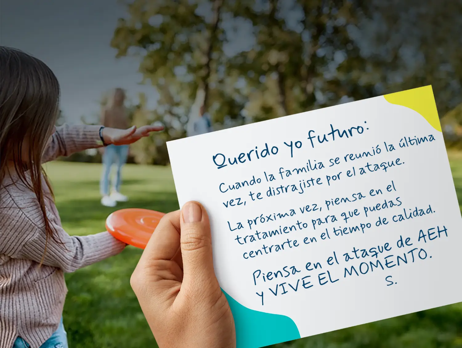 Image of a hand of a person living with HAE holding a letter about their next HAE attack while playing tennis.